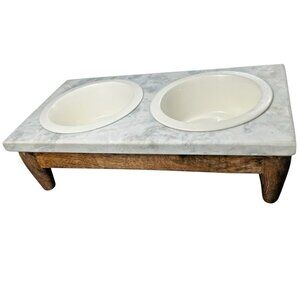 Elevated Pet Feeder x 2 Enamel Bowl Set Oak Hard Wood Base Marble Top Dog Cat